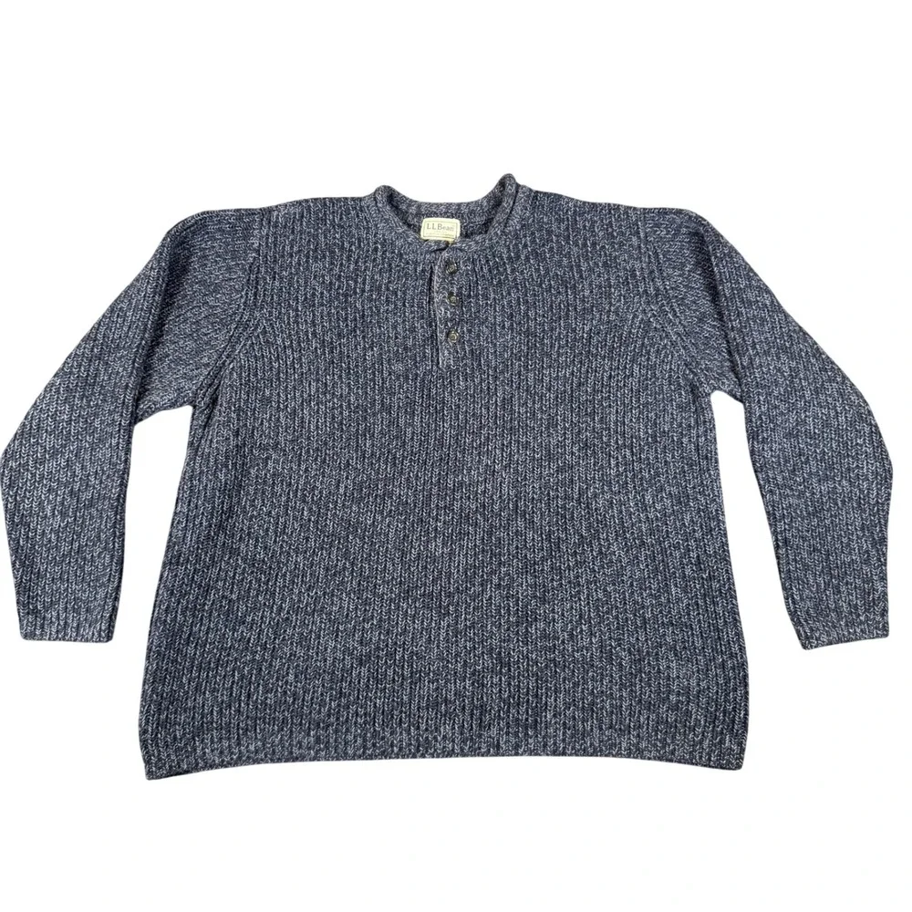 LL Bean Mens Henley Sweater Blue Marled Cotton Knit Pullover 0BJA9 Medium Reg